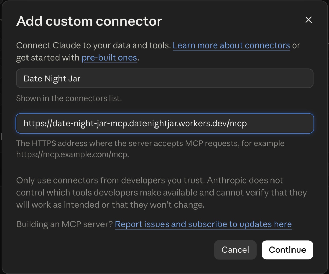 Claude's Add custom connector dialog, with the name set to Date Night Jar and the connector URL pasted into the second field.