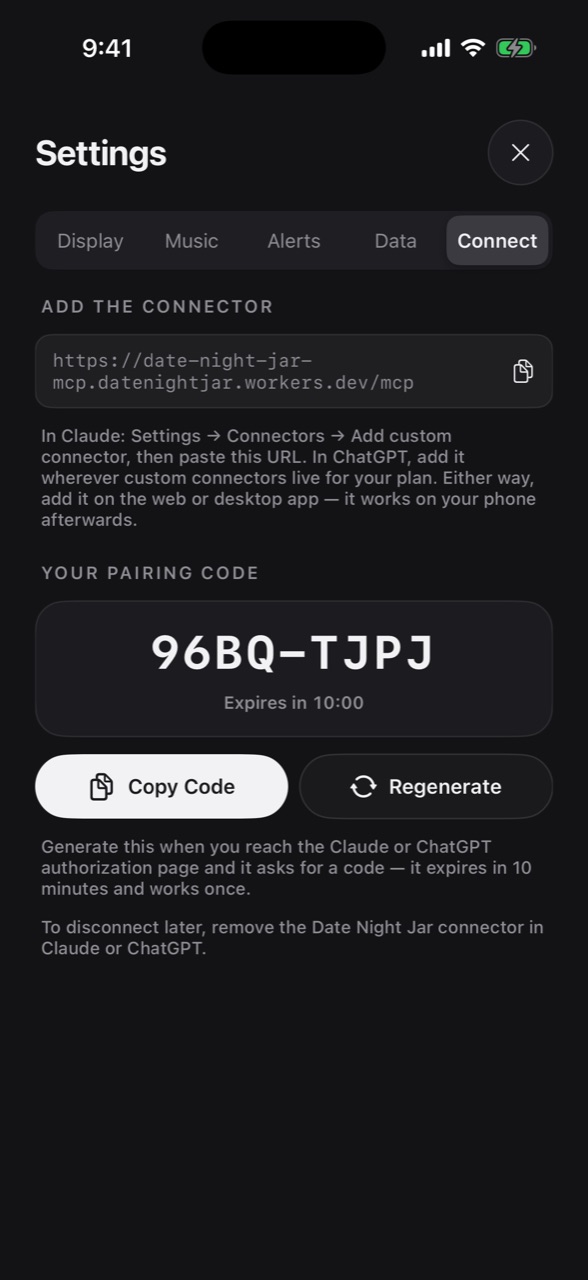 The Connect tab of Date Night Jar's settings on iPhone, showing a pairing code with a countdown, a Copy Code button and a Regenerate button.