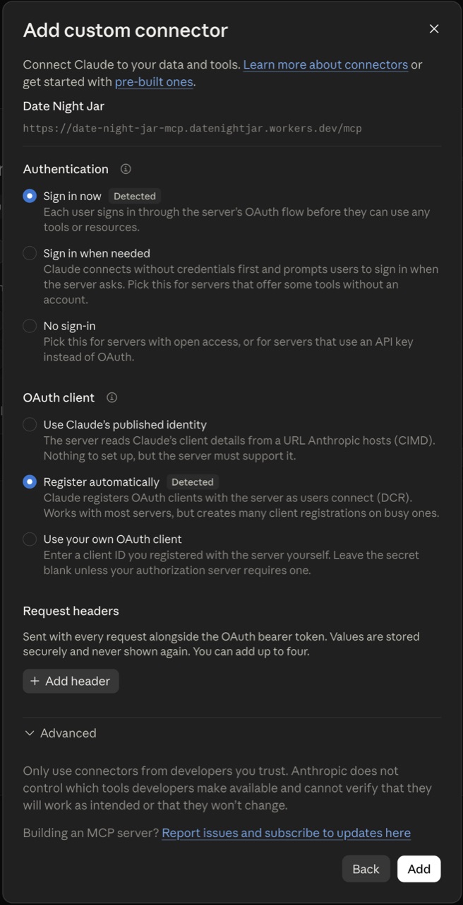 Claude's connector settings page showing Authentication set to Sign in now and OAuth client set to Register automatically, both marked Detected.