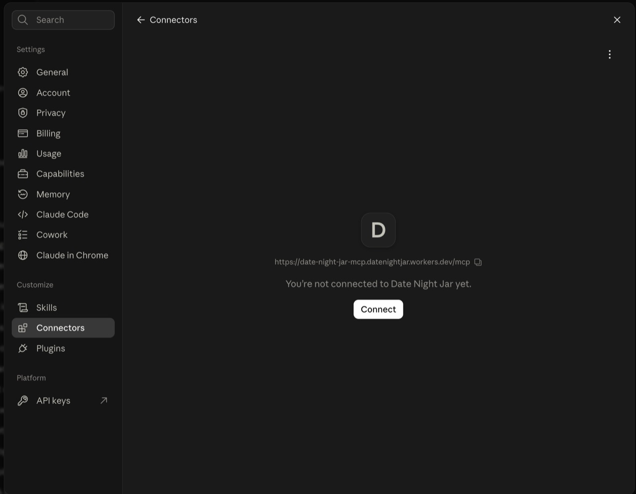 The Date Night Jar connector page in Claude's settings, reading You're not connected to Date Night Jar yet, with a Connect button.