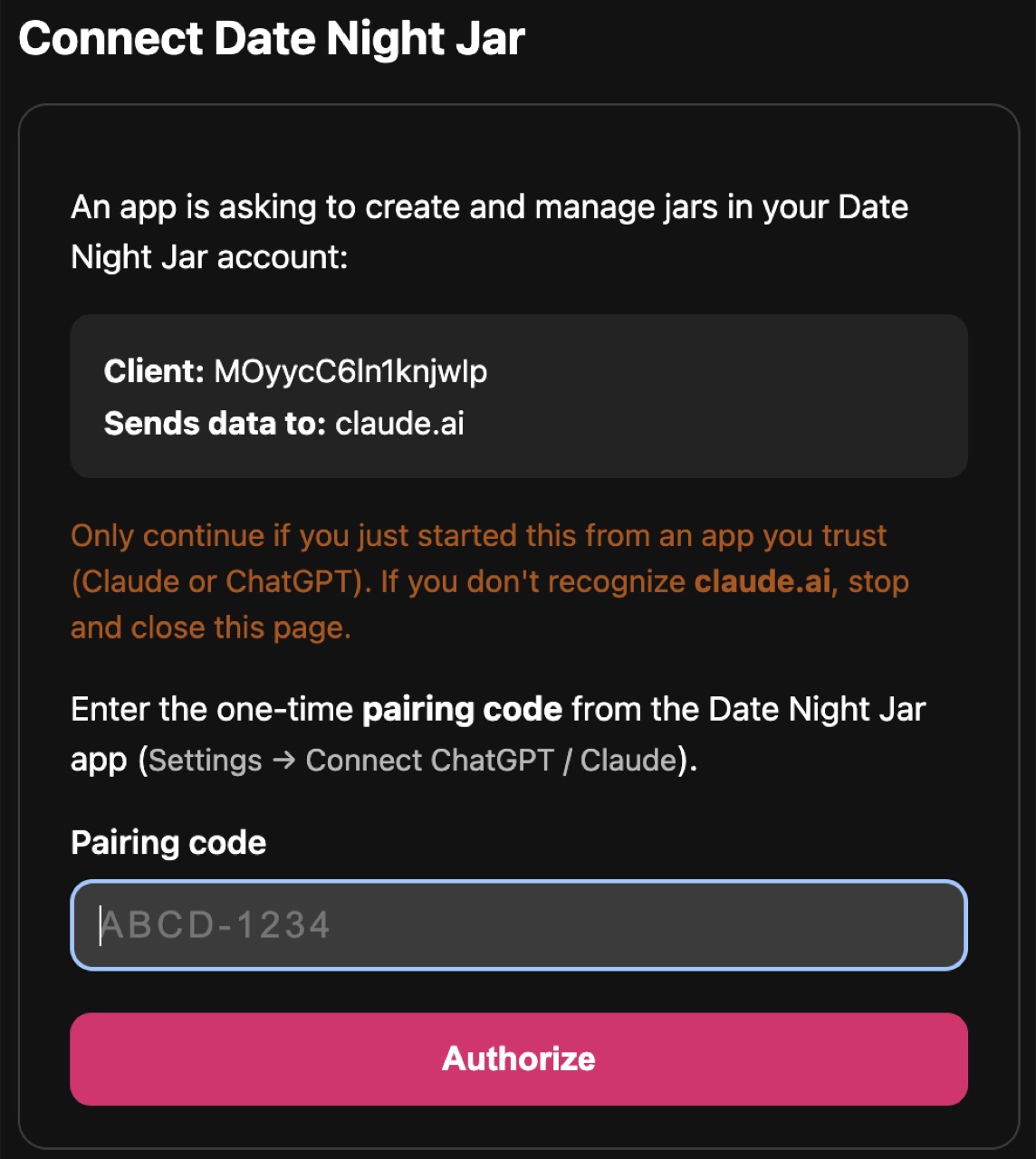 The Date Night Jar authorization page asking for a one-time pairing code, showing the client id and that data is sent to claude.ai.